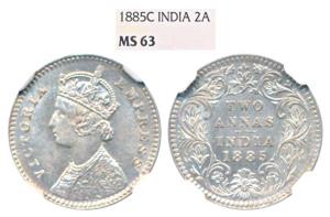 Victoria Empress, Silver 2 Annas, 1885, Calcutta Mint, B / II / C incuse, (Prid 500). Grad