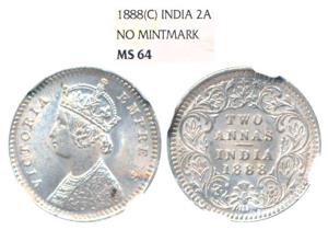 Victoria Empress, Silver 2 Annas, 1888, Calcutta Mint, B / II / No mint mark (Prid 503). G