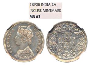 Victoria Empress, Silver 2 Annas, 1890, Bombay Mint, B / II / B incuse (Prid 545). Graded 