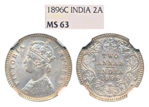 Victoria Empress, Silver 2 Annas, 1896, Calcutta Mint, B / II / C incuse (Prid 511). Grade