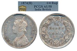 Victoria Queen, Silver ¼ Rupee, 1874, Bombay Mint, A / I / dot (Prid 405). Graded by PCGS 