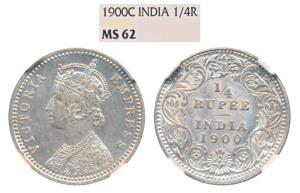 Victoria Empress, Silver ¼ Rupee, 1900, Calcutta Mint, C / II / C incuse (Prid 403). Grade