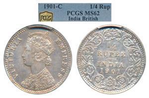 Victoria Empress, Silver ¼ Rupee, 1901, Calcutta Mint, C / II / C incuse (Prid 404). Grade