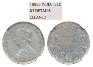 Victoria Empress, Silver ½ Rupee, 1885, Bombay Mint, A / II / B raised (Prid 294). Graded 