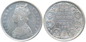 Victoria Empress, Silver ½ Rupee, 1892, Calcutta Mint, A / I / C incuse (Prid 276). About 