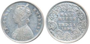 Victoria Empress, Silver ½ Rupee, 1896, Calcutta Mint, A / I / C incuse (Prid 279). About 