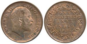 Edward VII, Bronze ¼ Anna, 1906, Calcutta Mint (Prid 651). About Uncirculated, Rare.