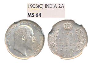 Edward VII, Silver 2 Annas, 1905, Calcutta Mint (Prid 558). Graded by NGC MS64.