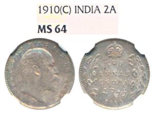 Edward VII, Silver 2 Annas, 1910, Calcutta Mint (Prid 563). Graded by NGC MS64.