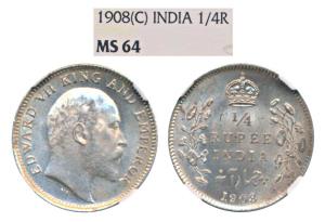 Edward VII, Silver ¼ Rupee, 1908, Calcutta Mint (Prid 437). Graded by NGC MS64.