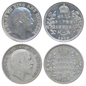 Edward VII, Silver ½ Rupee (2), 1905 & 1910, Calcutta Mint, No mint mark, (Prid 309 & 314)