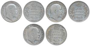 Edward VII, Silver ½ Rupee (3), 1907, 1908 & 1910, Calcutta Mint (Prid 311, 312 & 314). Fi
