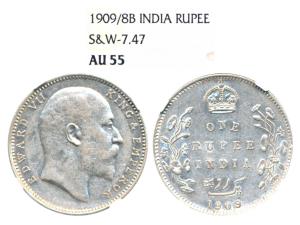 Edward VII, Silver Rupee, 1909/8, Bombay Mint, dot on the vine, 9 over 8 in date, old used