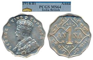 George V, Cupro-Nickel Anna, 1914, Bombay Mint (Prid 944). Graded by PCGS MS64.