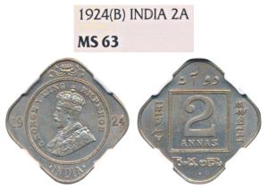 George V, Cupro-Nickel 2 Annas, 1924, Bombay Mint (Prid 897). Graded by NGC MS63.