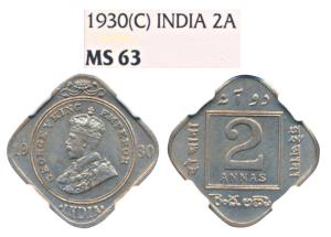 George V, Cupro-Nickel 2 Annas, 1930, Calcutta Mint (Prid 890). Graded by NGC MS63.