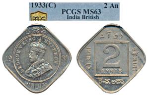 George V, Cupro-Nickel 2 Annas, 1933, Calcutta Mint (Prid 891). Graded by PCGS MS63.