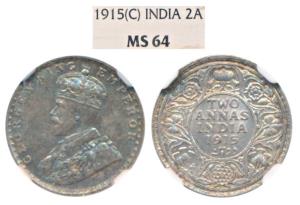 George V, Silver 2 Annas, 1915, Calcutta Mint (Prid 568). Graded by NGC MS64.
