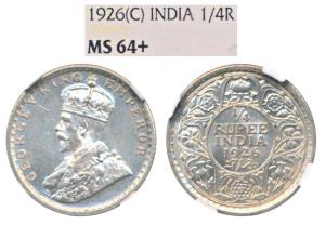 George V, Silver ¼ Rupee, 1926, Calcutta Mint (Prid 449). Graded by NGC MS64+, Rare in nic