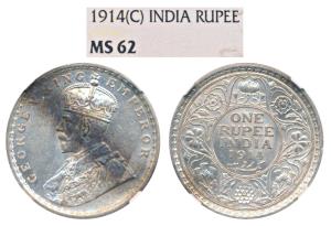 George V, Silver Rupee, 1914, Calcutta Mint (Prid 210). Graded by NGC MS62.