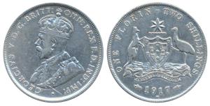 Australia, George V, Silver Florin / 2 Shillings, 11.25g, 1917 (KM 27). Very Fine+.