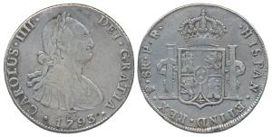 Bolivia Spanish colony, Charles IV, Silver 8 Reales, 26.45g, 1793 obv. armoured bust, rev.