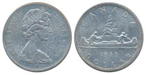 Canada, Elizabeth II, Silver 1 Dollar, 23.33g, 1965 (KM 64.1). About Uncirculated.