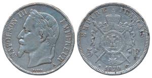 France, Napoleon III, Silver 5 Francs, 25g, 1870, obv. laureate head of Napoleon III facin