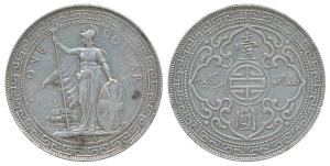 Great Britain, Silver Trade Dollar, Bombay Mint, B incuse at the top of the middle prong i
