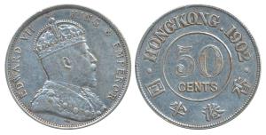 Hong Kong, Edward VII, Silver 50 Cents, 1902 (KM 15). Very Fine+, Rare.