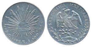 Mexico, Silver 8 Reales, 27.26g, 1892, Guanajuato Mint, eagle holding a snake in its beak 