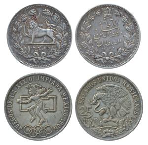 Mexico, Silver 25 Pesos, 1968, Mexico Olympics (KM 479.1); Iran, Muzaffar al-Din Shah (AH 