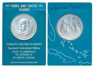 Turks & Caicos Islands, Elizabeth II, Silver 20 Crowns, 38.7g, 1974, rev. Winston Churchil
