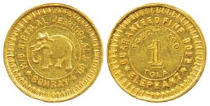 Tola coinage, Gold Tola, 11.65g, obv. M/s Kirtilal Jeshinglal & Company, Bombay, Elephant 