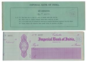 Imperial Bank of India, Complete cheque Book of 25 Cheques. In very nice overall condition