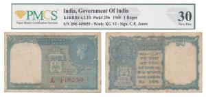 George VI, Rupee 1, 1947, signed C. E. Jones, serial number in red, (J&R 4.1.1D). Graded b