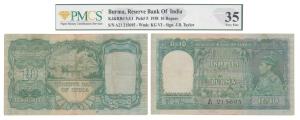 Burma, George VI, Rupees 10, 1938, signed J. B. Taylor, green colour (J&R 5.5.1). Graded b