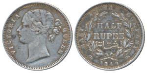 Victoria Queen, Silver ½ Rupee, 1840, divided legend, Calcutta / Bombay Mint, WW incuse, 2