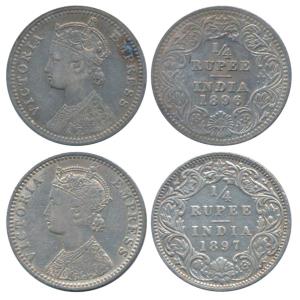 Victoria Empress, Silver ¼ Rupee (2), 1896, Calcutta Mint, C / II / C incuse (Prid 400); 1