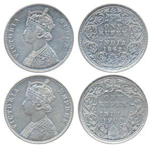 Victoria Queen and Empress, Silver Rupee (2), 1862, Calcutta Mint, A /II /0 / 0 (Prid 66);