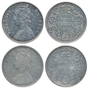 Victoria Empress, Silver Rupee, 1875, Bombay Mint, C1 / II / dot (Prid 144); 1877, Bombay 