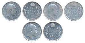 Edward VII, Silver 2 Annas (3), 1907 (2), Calcutta Mint (Prid 560); 1910, Bombay Mint, dot