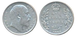 Edward VII, Silver Rupee, 1905, Bombay Mint, B incuse with dot on the vine (Prid 201). Ext