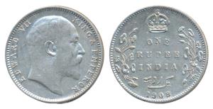 Edward VII, Silver Rupee, 1908, Bombay Mint, dot on the vine, 8 over 7 in date, old used d