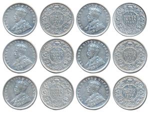 George V, Silver ¼ Rupee, 1928, Bombay Mint; 1917, 1918, 1919, 1934 & 1936 Calcutta Mint. 