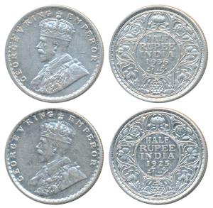 George V, Silver ½ Rupee, 1925, Bombay Mint (Prid 347); 1936, Calcutta Mint (Prid 335). Ve