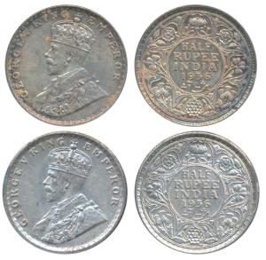George V, Silver ½ Rupee (2), 1936, Calcutta & Bombay Mint (Prid 335 & 350). About Extreme