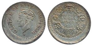 George VI, Half Silver ¼ Rupee, 1945, Error, 20% off-centre. Extremely Fine, Rare.
