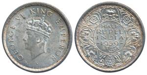 George VI, Half Silver ½ Rupee, 1939, Calcutta Mint, long trefoils (Prid 352). Uncirculate