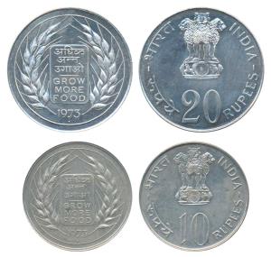 Silver Rupees 10 & 20, 1973, Grow More Food, Bombay Mint (KM 188). Brilliant Uncirculated,